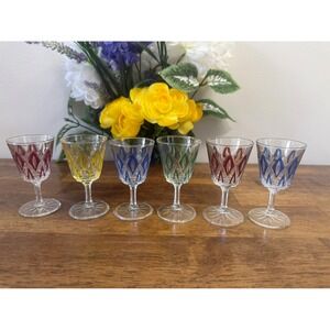 VMC France Harlequin Mini Cut Crystal Cordial Glasses Ruby Yellow Blue Green Bar